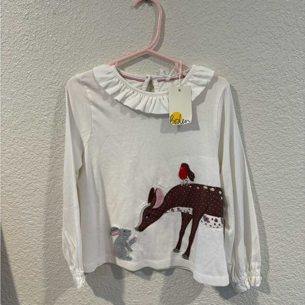 Mini Boden White Long Sleeve Tee with Deer and Rabbit